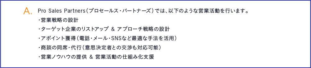 Pro Sales Partners（プロセールス・パートナーズ）では、以下のような営業活動を行います。