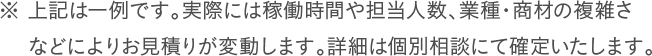  ※ 上記は一例です。実際には稼働時間や担当人数、業種・商材の複雑さなどによりお見積りが変動します。詳細は個別相談にて確定いたします。