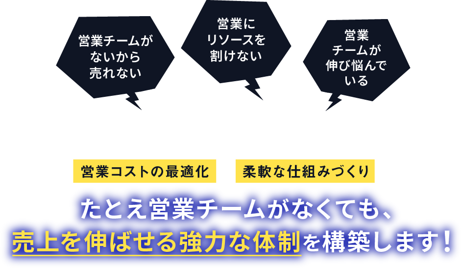 営業コストの最適化 x 柔軟な仕組みづくりで、たとえ営業チームがなくても、売上を伸ばせる強力な体制を構築します！